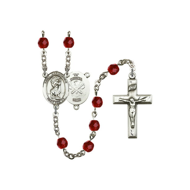 18-Inch Rhodium Plated Necklace with 6mm Zircon Birthstone Beads and Sterling Silver Our Lady of Mercy Charm. 